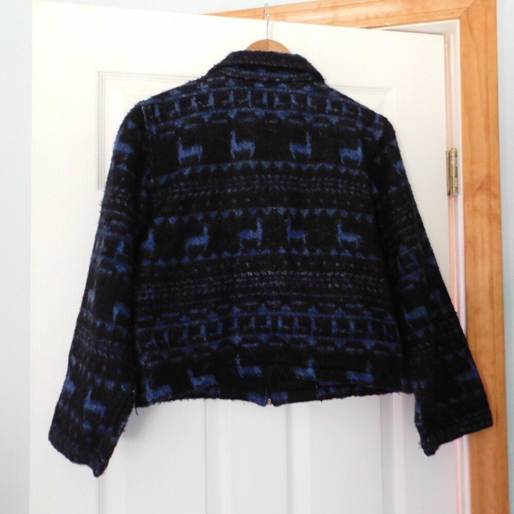 Hilana Quito Ecuador Cropped Jacket Mohair Wool Blend Lama Blue Black Large - Picture 5 of 6
